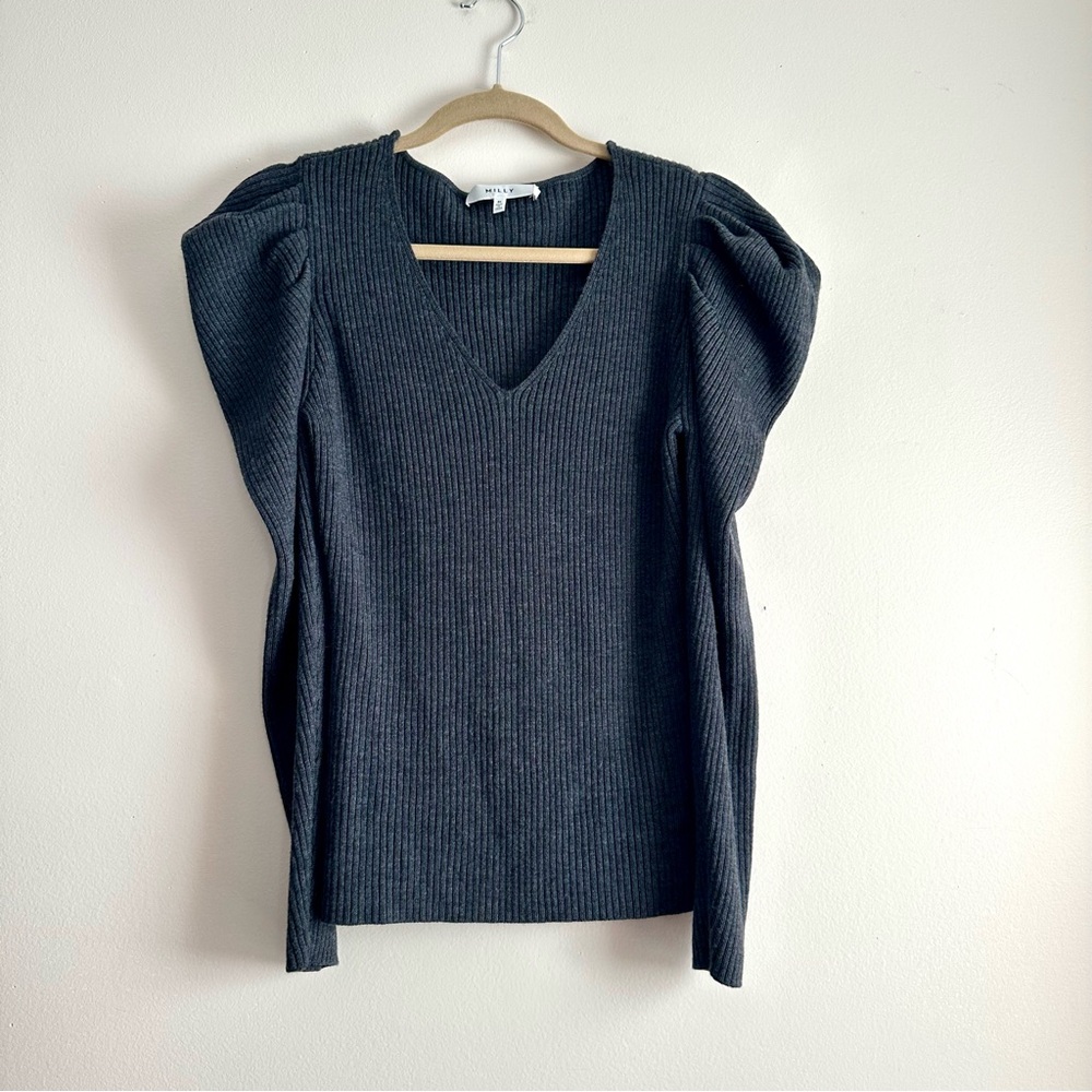 Milly • Isabelle Ribbed Wool Puff-Shoulder Sweater - Picture 2 of 6